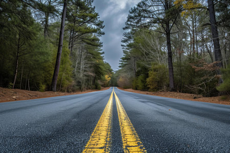 Scenic view of a deserted road stretching through a lush forest under a cloudy skyの素材