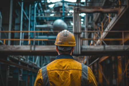 Worker in a yellow hard hat stands vigilantly in an industrial setting, surrounded by complex machineryの素材