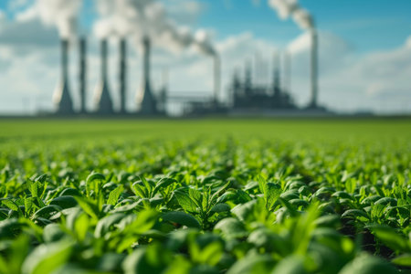 Lush green field in foreground with industrial smokestacks emitting smoke in the backgroundの素材