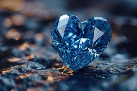 Close-up of a blue heart-shaped gemstone with intricate facets on a rugged backdropの素材