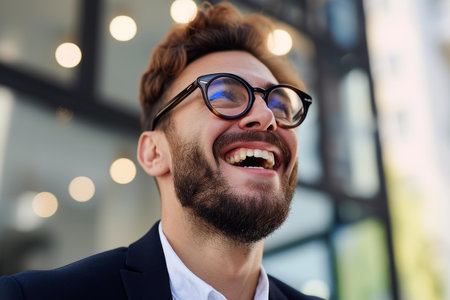 Stylish young adult male businessman with glasses enjoying a genuine. Carefree. And lively laughter outdoors in a modern. Urban environment. Showcasing a positive. Upbeatの素材