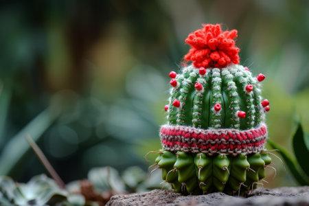 Decorated cactus wearing a colorful winter hat with a pompom, showcasing holiday vibesの素材