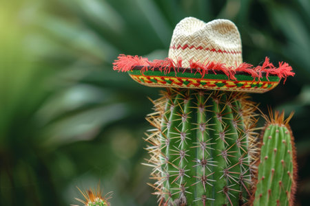 Traditional mexican sombrero on a green cactus, evoking cultural themesの素材