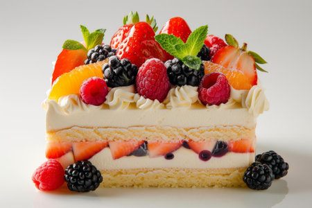 Deliciously crafted layer cake adorned with fresh berries and citrus slices, isolated on whiteの素材