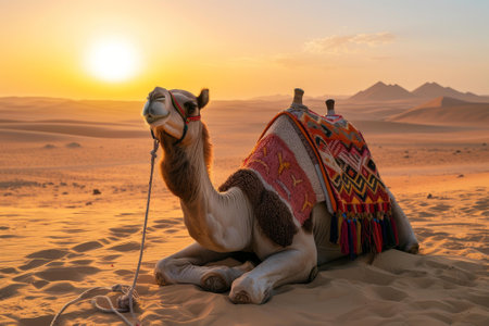 Camel adorned with a colorful saddle rests on sand dunes against a captivating sunsetの素材