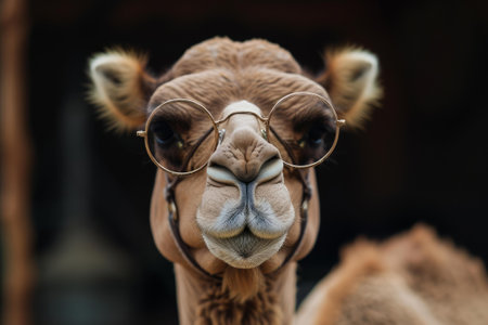 Close-up of a camels face wearing trendy round spectaclesの素材