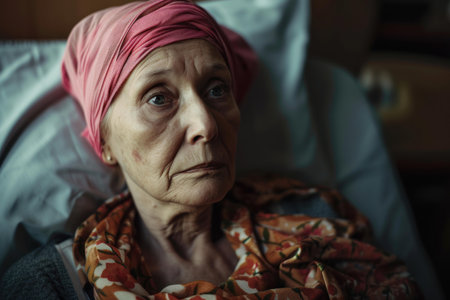 Portrait of an aged lady with a pink headscarf, lost in contemplationの素材
