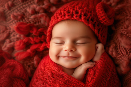 Peaceful newborn baby wearing a cute red knit cap and swaddle smiles in sleepの素材