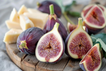 Sliced ripe figs with cheese on rustic wooden board, perfect for gourmet backgroundsの素材