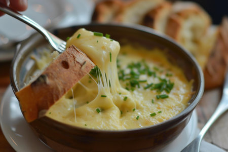 Closeup of gooey cheese fondue in a bowl with bread on a fork, sprinkled with chivesの素材