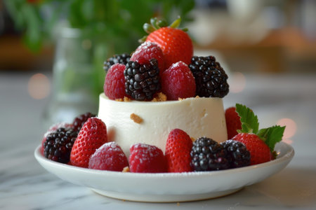 Indulge in a tempting, homemade, artisanal fresh berry cheesecake delight with strawberries, raspberries, and blackberries as a vibrant toppingの素材