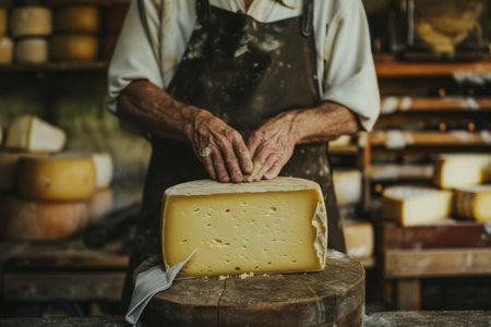 Cheese artisan carefully shapes a wheel of cheese in his workshop filled with cheese productsの素材