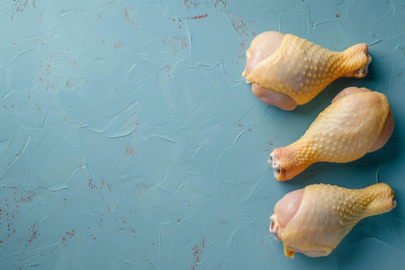 Three raw chicken drumsticks arranged on a vibrant blue background with space for textの素材
