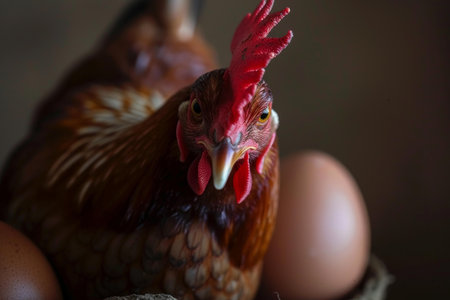 Detailed portrait of a hen beside her egg, depicting farm lifeの素材