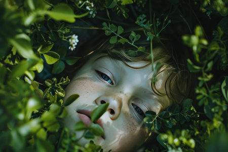 Tranquil and serene child with a peaceful expression, peeking through lush green foliage in a natural and organic outdoor environment, showcasing innocence and contemplationの素材