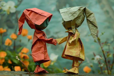 Two colorful origami figures resembling people holding hands amidst a serene natural backdropの素材
