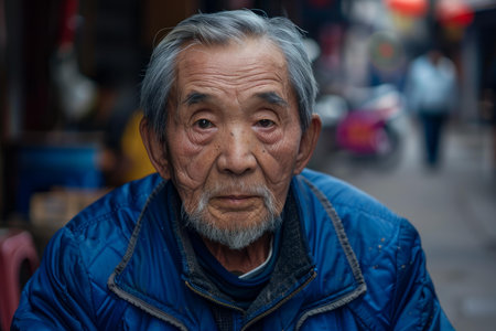 Closeup of a senior man with deep, thoughtful eyes in an urban environmentの素材