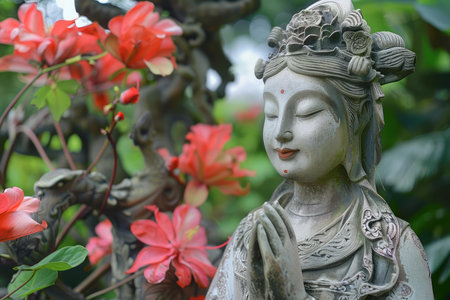 Tranquil stone statue of a serene figure amidst vibrant red flowers, symbolizing peace and spirituality in a lush gardenの素材