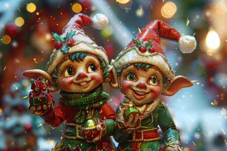 Colorful statuettes of two smiling christmas elves holding ornaments, with bokeh lightsの素材