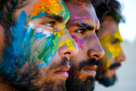 Side profile of three men with vibrant holi festival colors on their faces, expressing joy and cultureの素材