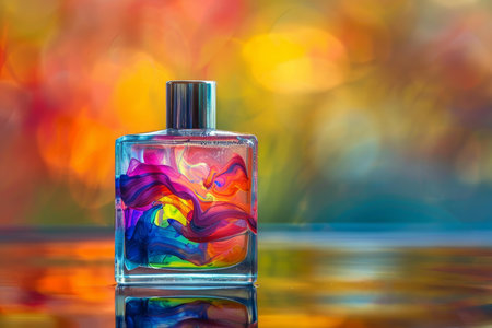 Vibrant, multicolored perfume bottle on a reflective surface with a bokeh backgroundの素材