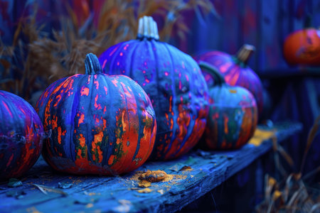Artistic halloween pumpkins with vivid paint splatters set against a dark blue backdropの素材