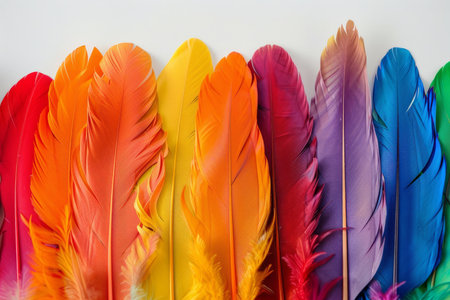 A bright, colorful lineup of feathers in a spectrum of hues isolated on whiteの素材
