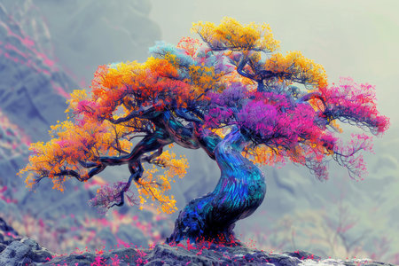 Vibrant, multicolored tree with twisted trunk stands amidst a foggy, dreamlike terrainの素材