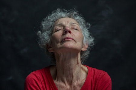 Portrait of a senior woman in red, eyes closed in a peaceful expressionの素材