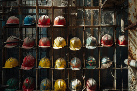 A collection of used, colorful hard hats hanging on a storage rack at a construction siteの素材