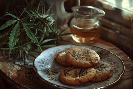 Herbal cannabis cookies and tea set on a vintage table with soft lightingの素材