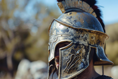 Closeup of a weathered spartan helmet outdoors with blurred backgroundの素材