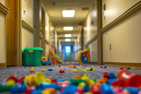 Low angle view of a hallway cluttered with vibrant childrens toysの素材