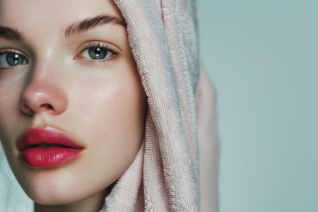 Closeup of a young woman with a towel on her head, showcasing her natural beauty and clear skinの素材