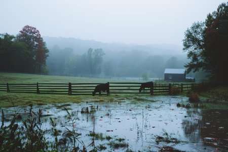 Horses graze peacefully on a foggy morning with wetlands in the foregroundの素材