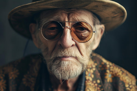 Closeup of a senior man with a weathered face, wearing round glasses and a classic hatの素材