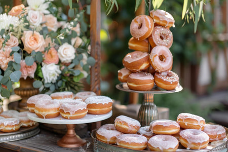 Elegant outdoor event table with stacked gourmet donuts adorned with sweet glazingの素材
