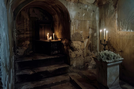 Serene yet haunting view of an old chapel with lit candles and an altarの素材