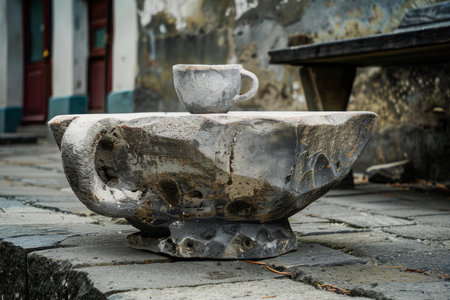 Unique ceramic cup and saucer displayed atop an abstract stone sculpture in an urban settingの素材