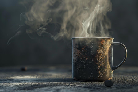 Rustic mug with hot coffee steaming on a textured surfaceの素材