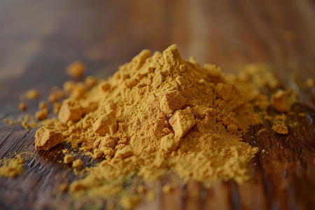 Closeup of vibrant turmeric powder heap on a rustic wooden backgroundの素材
