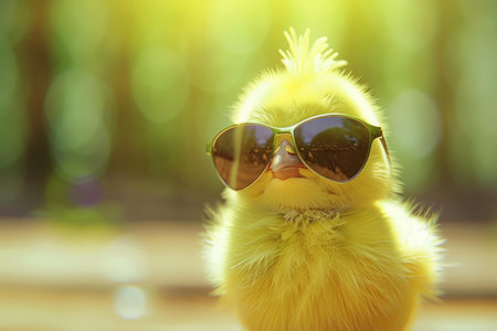 Cute yellow chick wearing trendy sunglasses, basking in the warm, glowing sunlightの素材