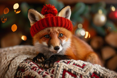 A red fox wears a festive hat, nestled in a knitted blanket with warm holiday vibesの素材