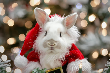 Adorable rabbit dressed as santa claus poses with christmas lights backdropの素材