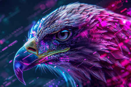 Closeup of an eagle with a futuristic, neon cybernetic effectの素材