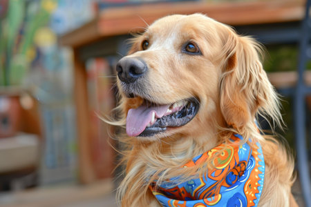 Closeup of a happy golden retriever with a colorful bandana, tongue outの素材