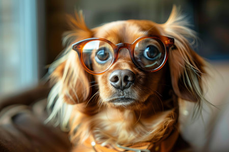 A charming small dog with round eyeglasses looking at the cameraの素材