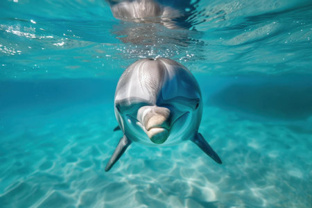 Close up underwater view of a smiling bottlenose dolphin swimming in the clear turquoise water of a vibrant marine life parkの素材