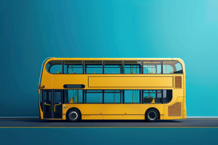 Vibrant yellow doubledecker bus parked on a sleek road against a solid blue backdropの素材
