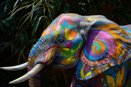 Vibrant, artistic elephant statue with elaborate patterns stands amidst lush greeneryの素材